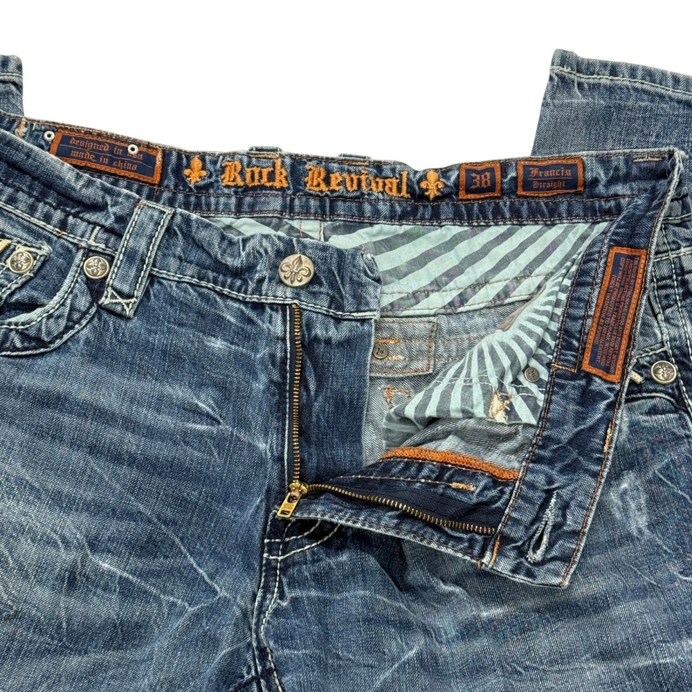 Rock Revival Francis Straight Distressed Blue Jeans Men 38 x 33 Embroidered Y2K - Picture 14 of 16